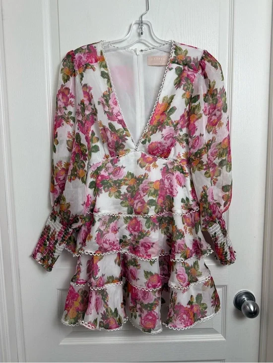 Keepsake Oblivion Tiered Mini Dress Size XS White Pink Floral - Picture 7 of 15